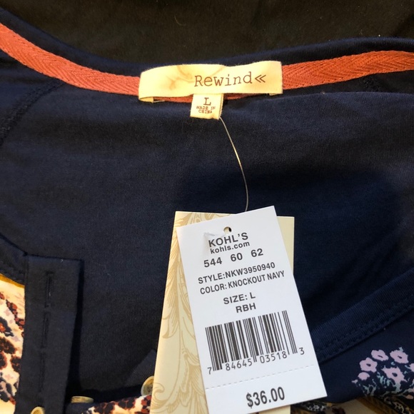 Kohl’s Rewind Long Sleeve Henley Top. Blue Floral - Picture 5 of 5